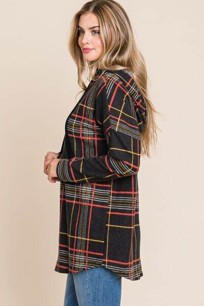 BOMBOM Drawstring Plaid Long Sleeve Hoodie - Hovatok