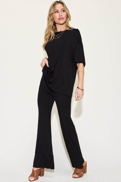 Basic Bae Full Size Bamboo Drop Shoulder T-Shirt and Flare Pants Set - Hovatok