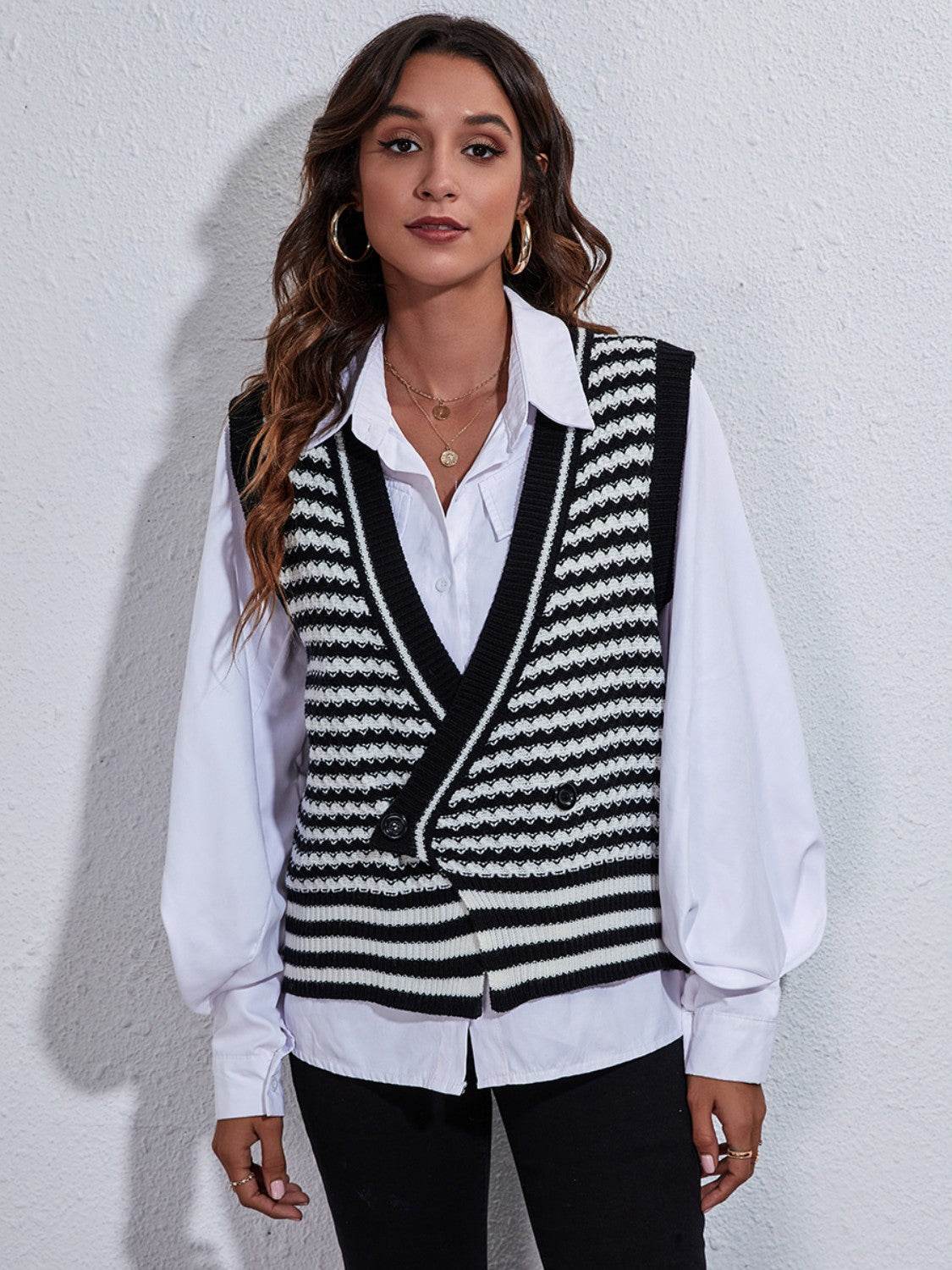 Striped Button Up V-Neck Sweater Vest - Hovatok