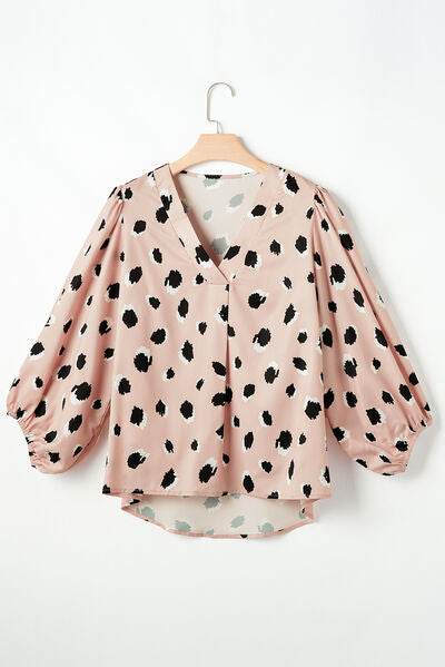 Contrast Animal Print V-Neck Long Sleeve Blouse - Hovatok