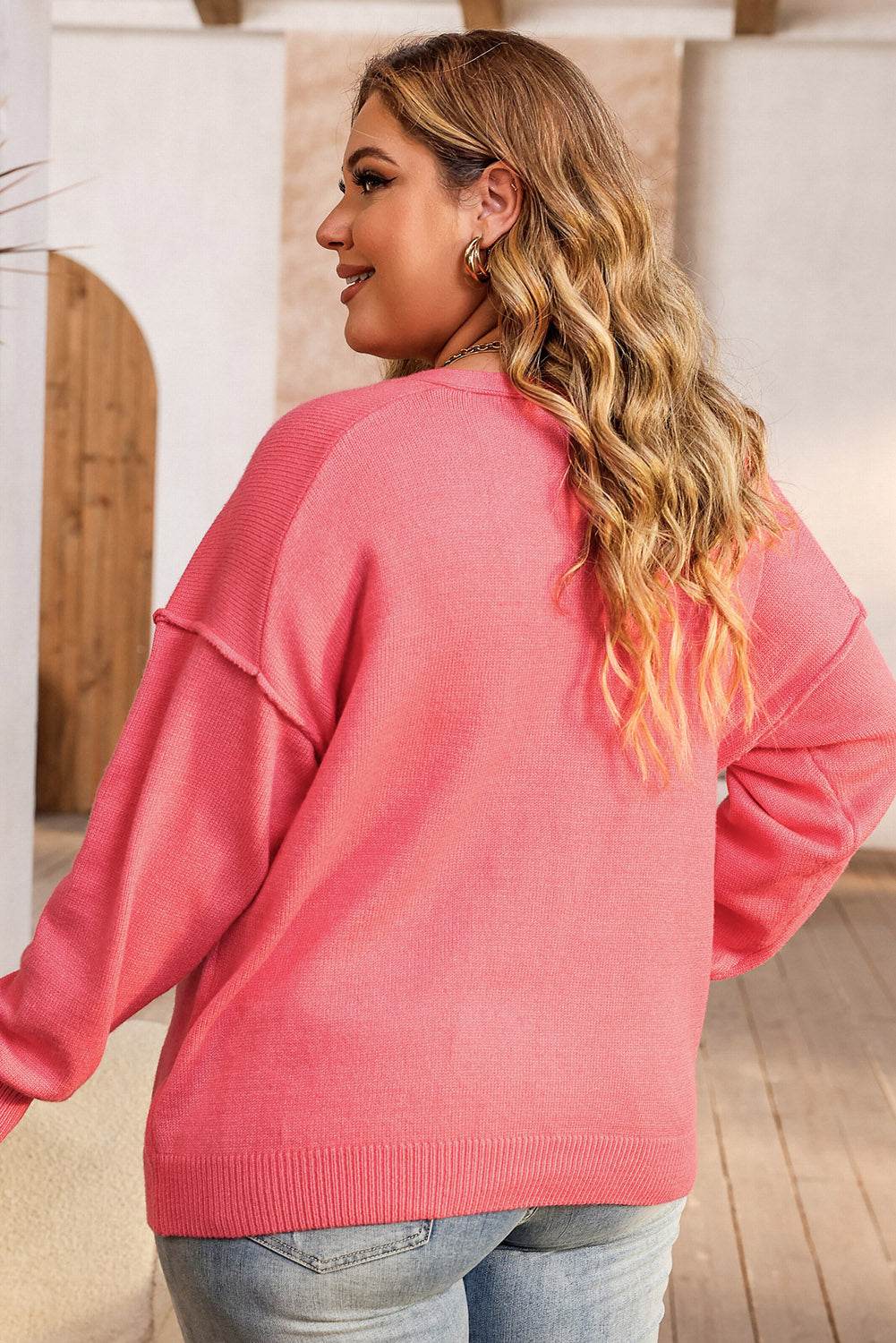 Plus Size V-Neck Dropped Shoulder Sweater - Hovatok
