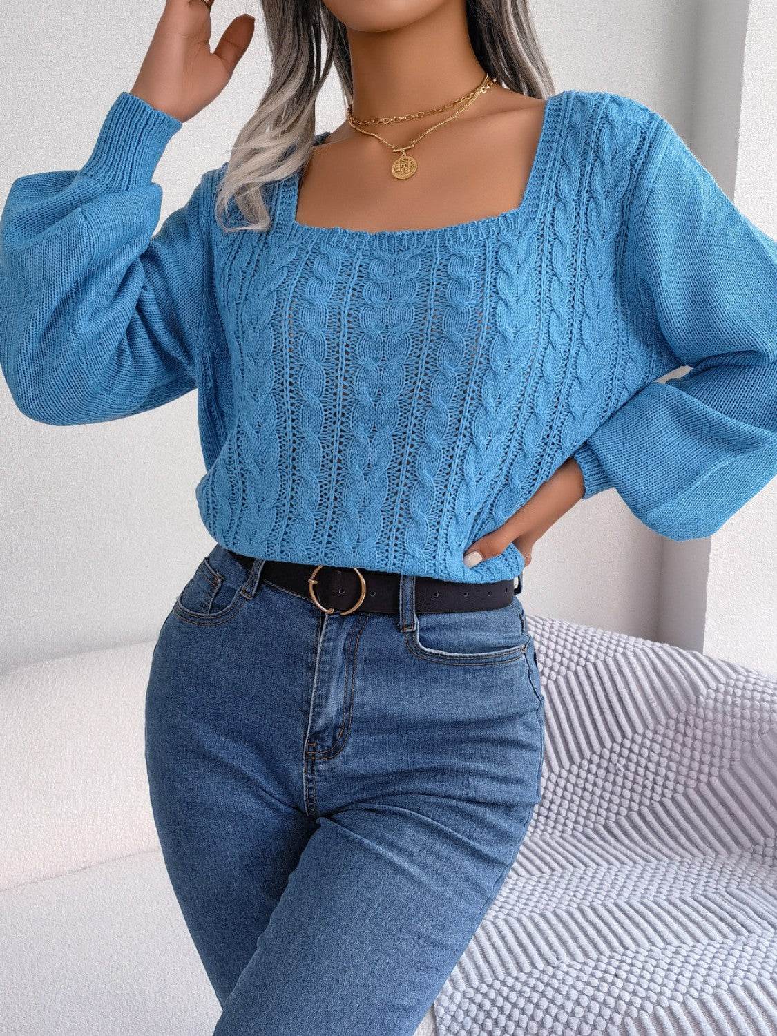 Cable-Knit Square Neck Long Sleeve Sweater - Hovatok