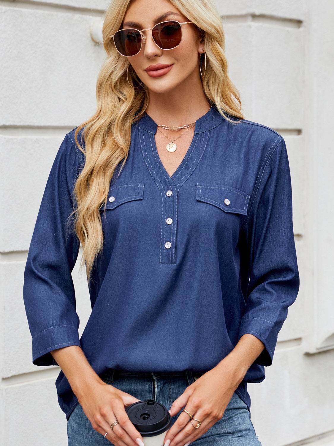 Notched Three-Quarter Sleeve Denim Top - Hovatok
