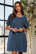 ADORA Raw Hem Mini Denim Dress with Pockets - Hovatok