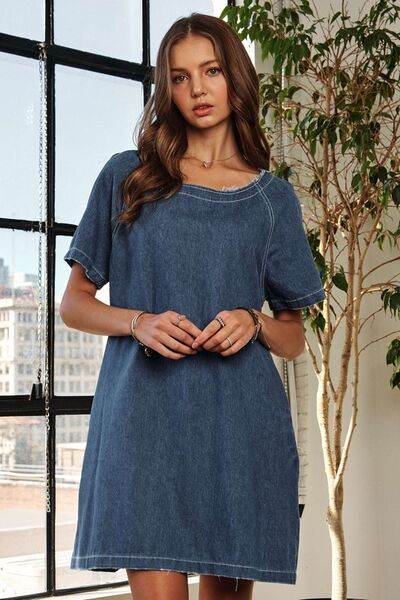 ADORA Raw Hem Mini Denim Dress with Pockets - Hovatok