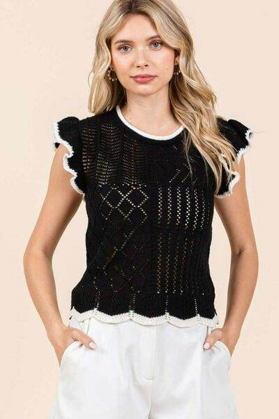 Mittoshop Openwork Contrast Trim Ruffled Cap Sleeve Knit Top - Hovatok