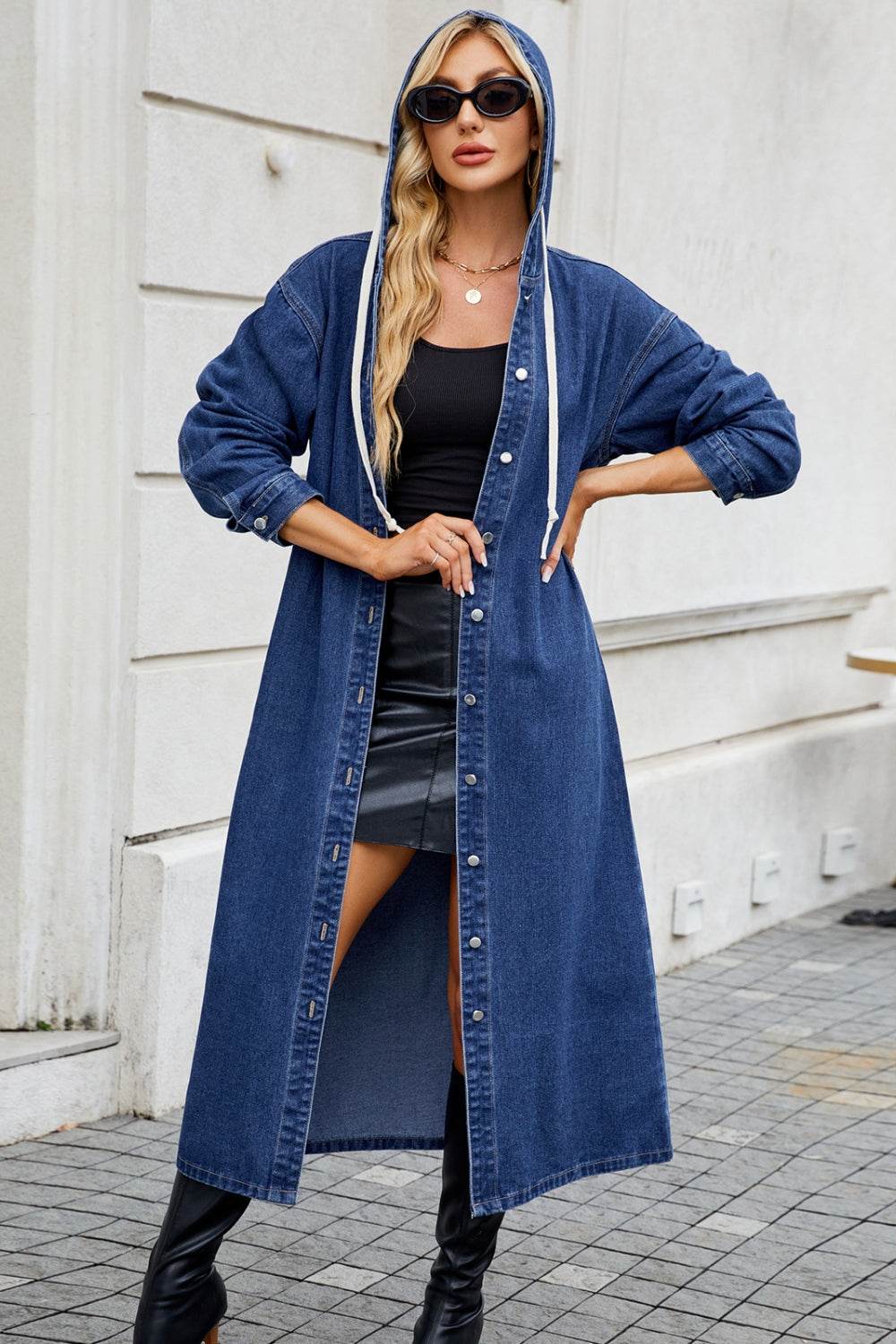 Button Up Long Sleeve Longline Hooded Denim Outerwear - Hovatok