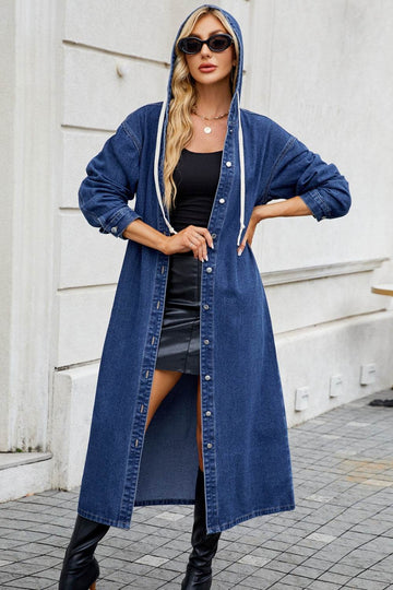 Button Up Long Sleeve Longline Hooded Denim Outerwear - Hovatok