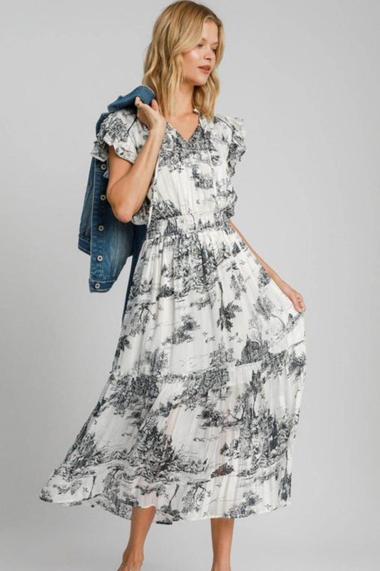 Umgee Full Size Two Tone Landscape Print Midi Dress Plus Size - Hovatok