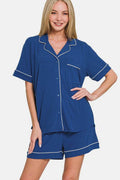 Zenana Button Down Short Sleeve Top and Shorts Lounge Set - Hovatok