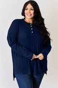 Basic Bae Full Size Ribbed Half Button Long Sleeve High-Low T-Shirt - Hovatok