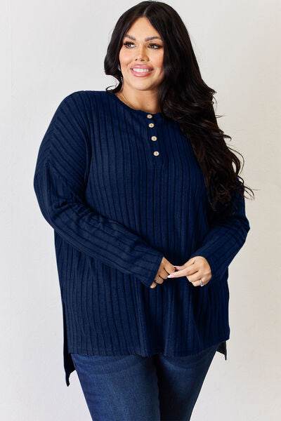 Basic Bae Full Size Ribbed Half Button Long Sleeve High-Low T-Shirt - Hovatok