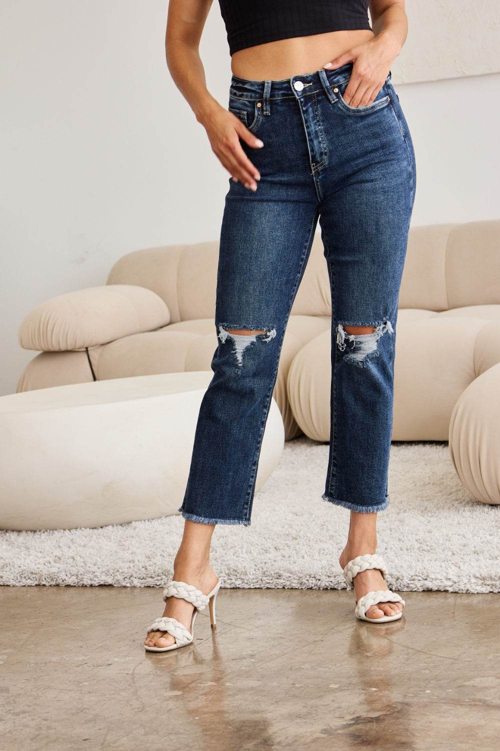 RFM Crop Dylan Full Size Tummy Control Distressed High Waist Raw Hem Jeans - Hovatok