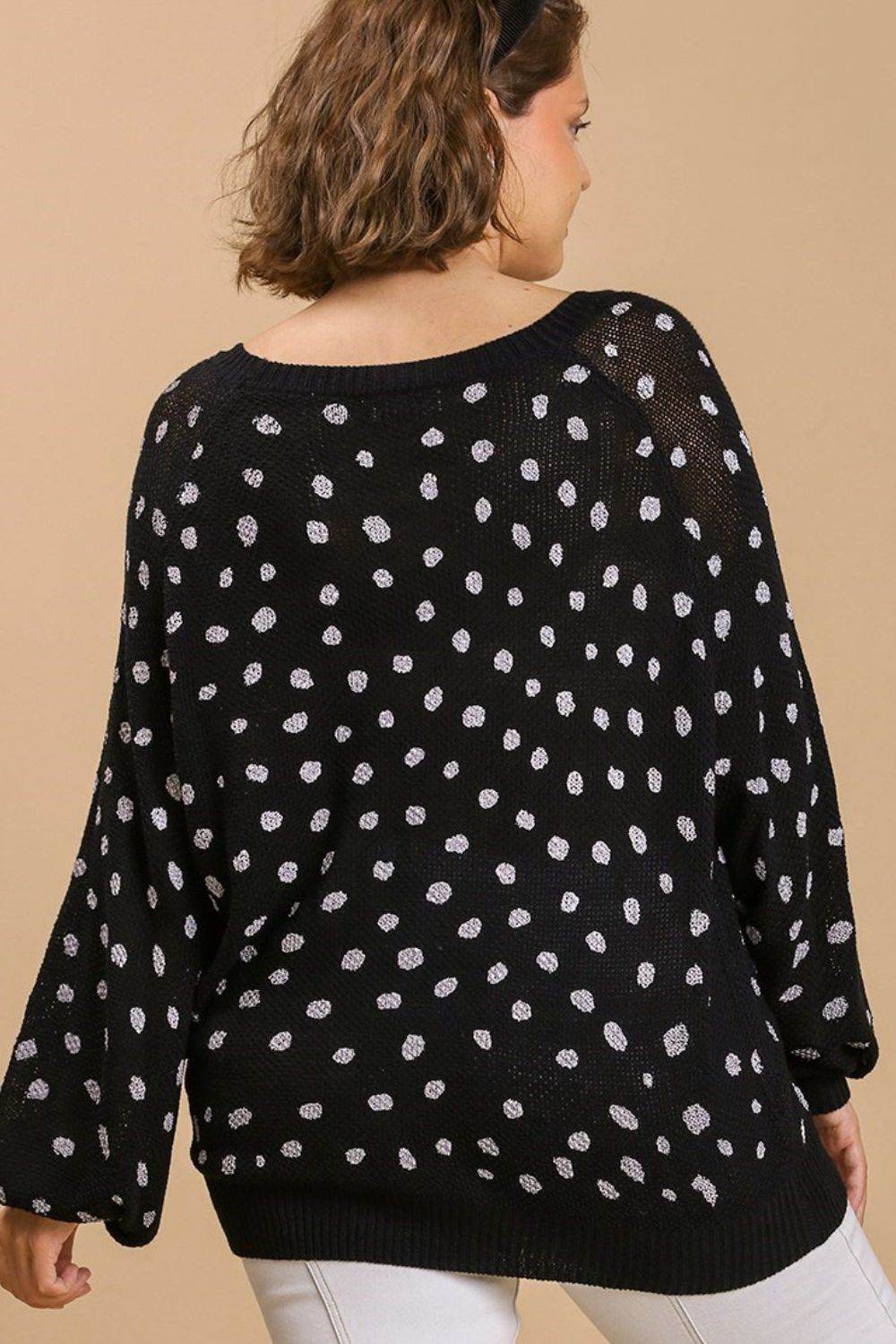 Umgee Full Size Dalmatian Hand Stamped Round Neck Sweater Plus Size - Hovatok