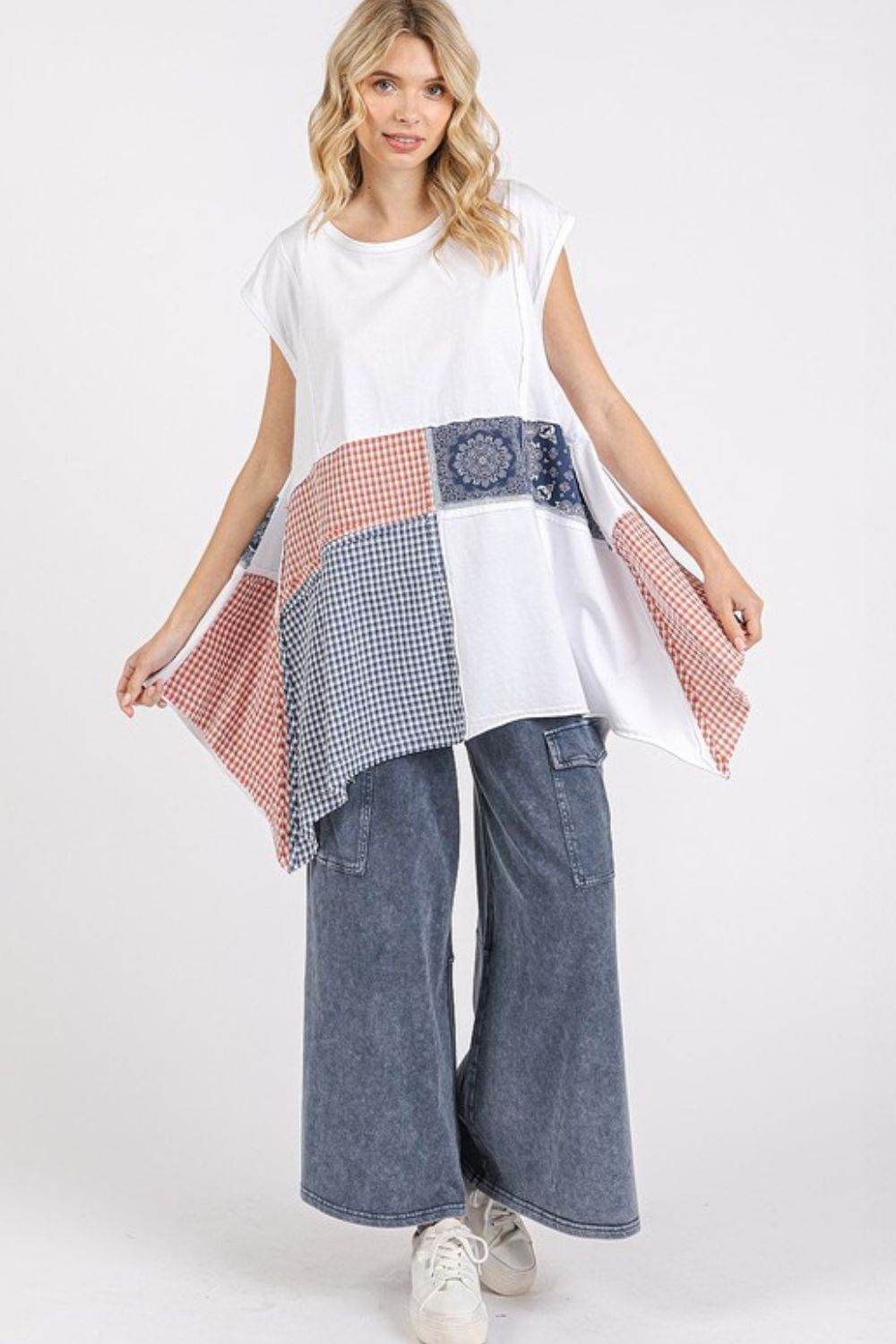 Mittoshop Patchwork Mineral Washed Round Neck Cap Sleeve Top - Hovatok