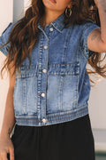 Button Up Cap Sleeve Denim Jacket - Hovatok