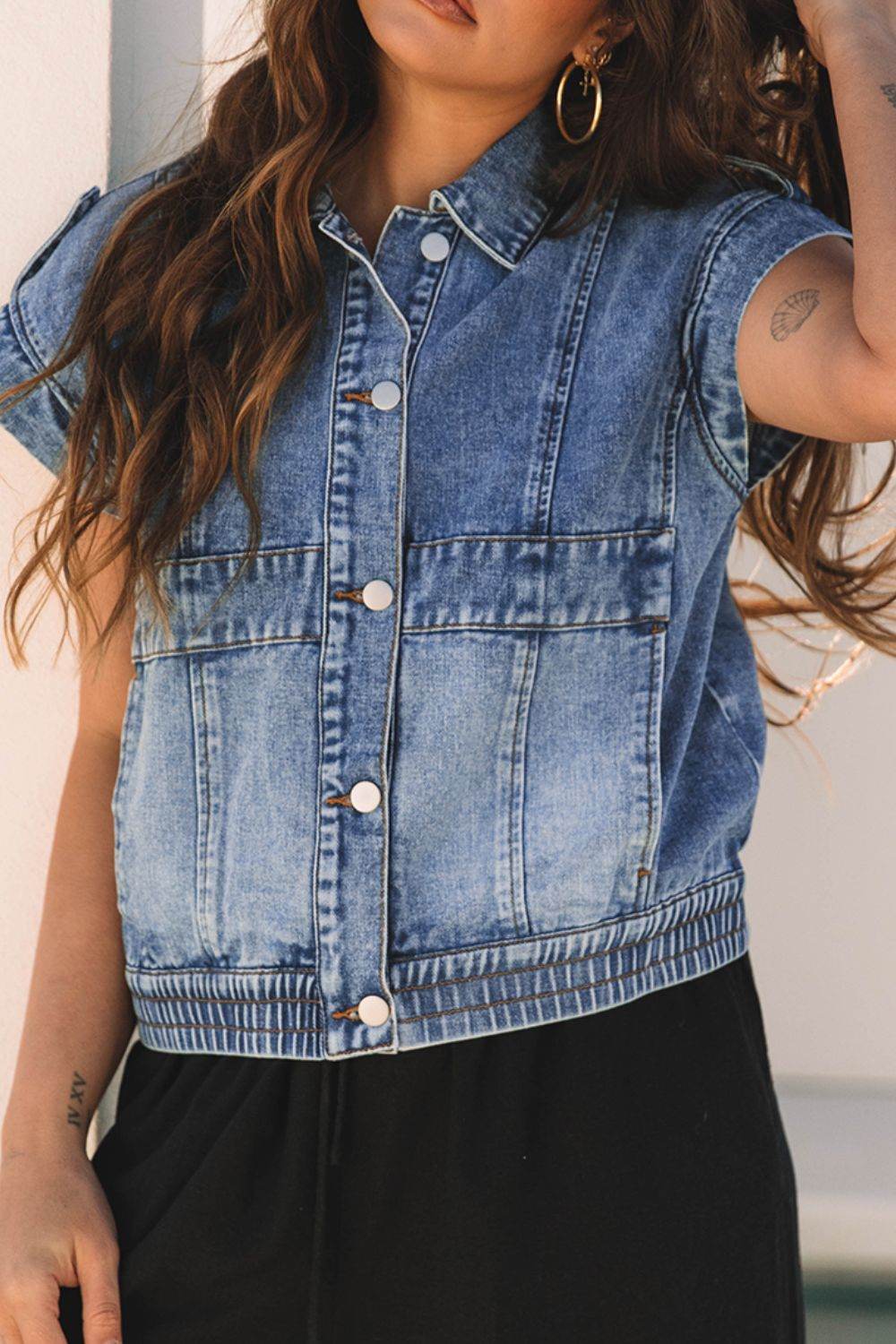 Button Up Cap Sleeve Denim Jacket - Hovatok