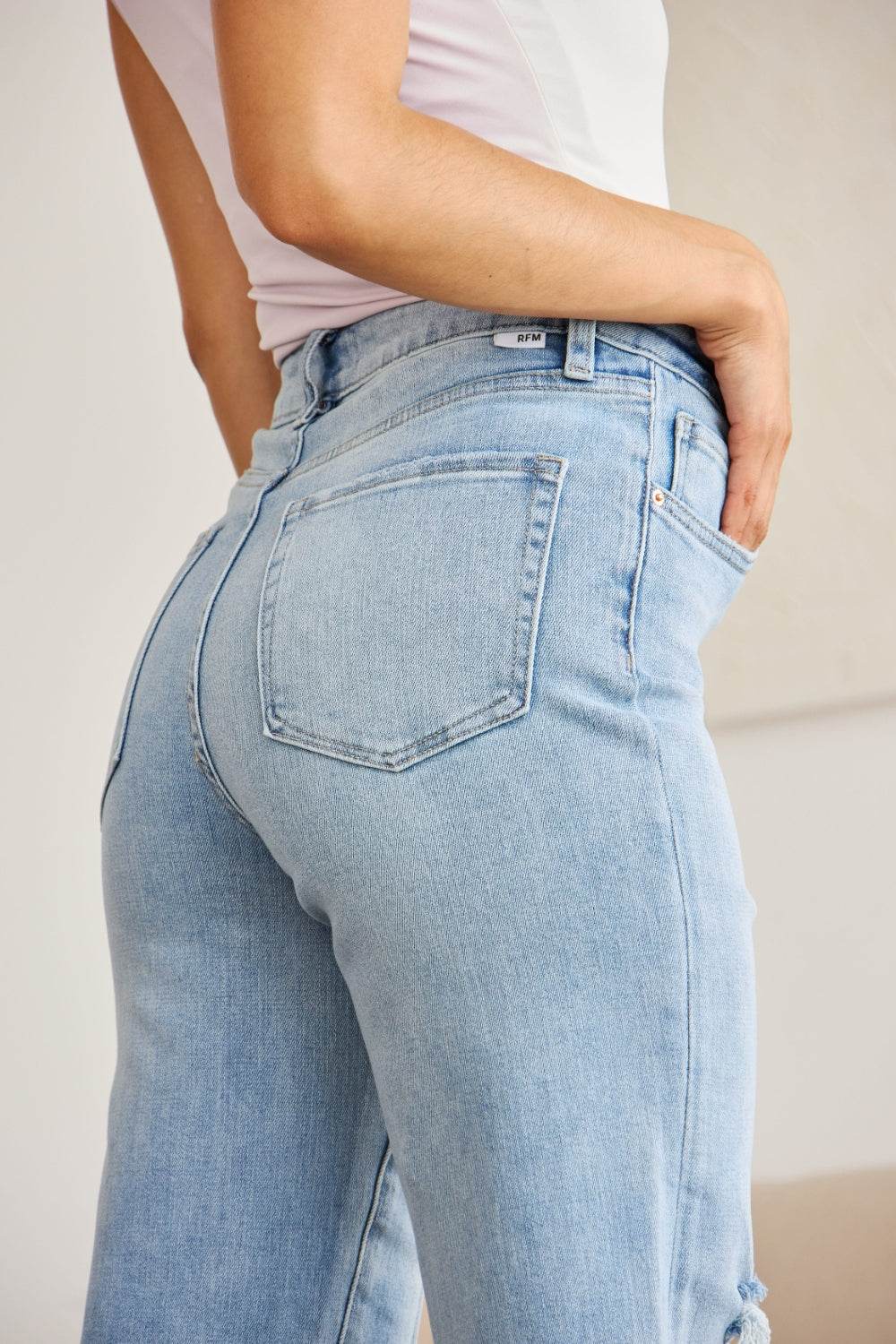 RFM Full Size Tummy Control High Waist Raw Hem Distressed Jeans - Hovatok