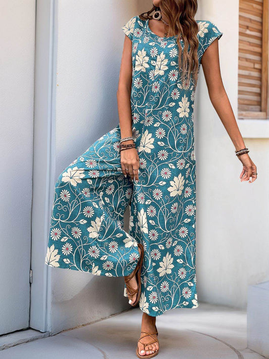 Perfee Printed Round Neck Cap Sleeve Wide Leg Jumpsuit - Hovatok