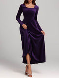 Square Neck Long Sleeve Velvet Dress - Hovatok