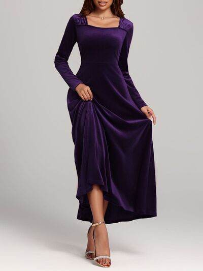 Square Neck Long Sleeve Velvet Dress - Hovatok