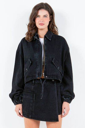 American Bazi Drawstring Waist Crop Denim Jacket - Hovatok