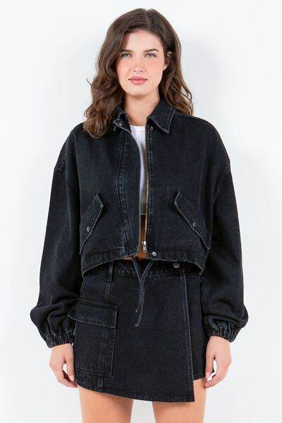American Bazi Drawstring Waist Crop Denim Jacket - Hovatok