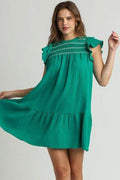 Umgee Full Size Smocked Contrast Stitching Ruffle Cap Sleeve Round Neck Dress Plus Size - Hovatok