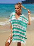 Angel Wings Tassel Openwork Striped V-Neck Cover Up - Hovatok