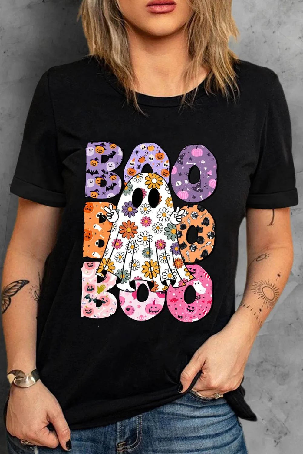 BOO Ghost Graphic Round Neck Short Sleeve T-Shirt - Hovatok