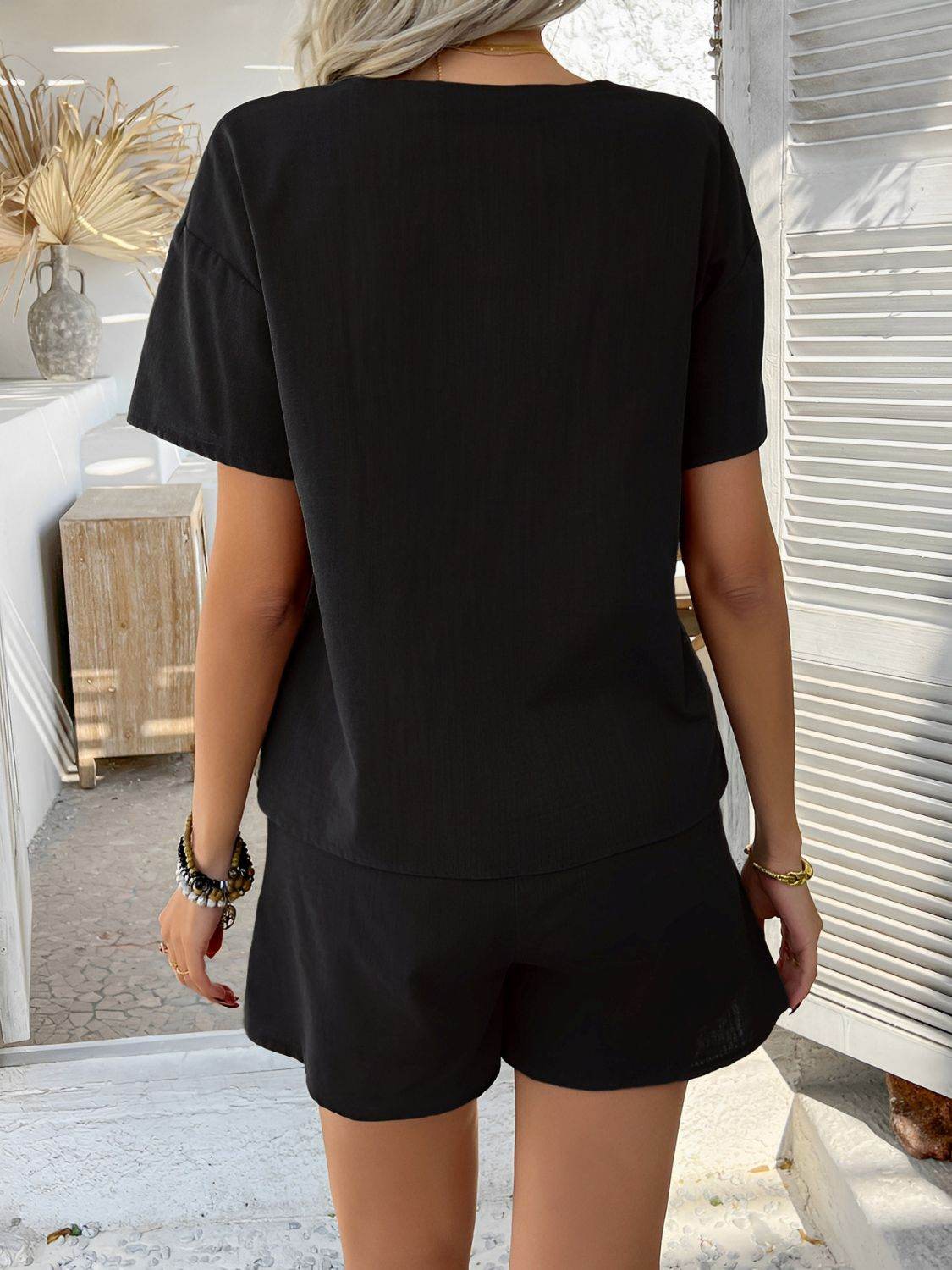 Devine Tied V-Neck Short Sleeve Top and Shorts Set - Hovatok