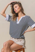 BiBi Contrast Striped Notched Knit Top - Hovatok