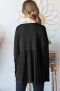 Heimish Full Size V-Neck Long Sleeve Ribbed Babydoll Top - Hovatok