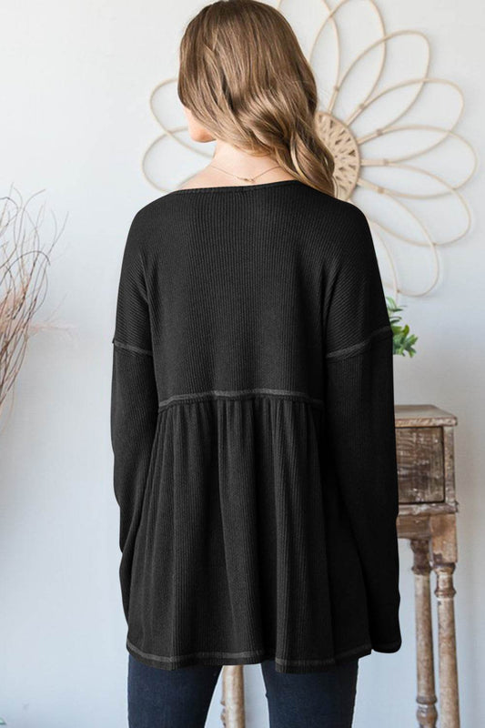 Heimish Full Size V-Neck Long Sleeve Ribbed Babydoll Top - Hovatok