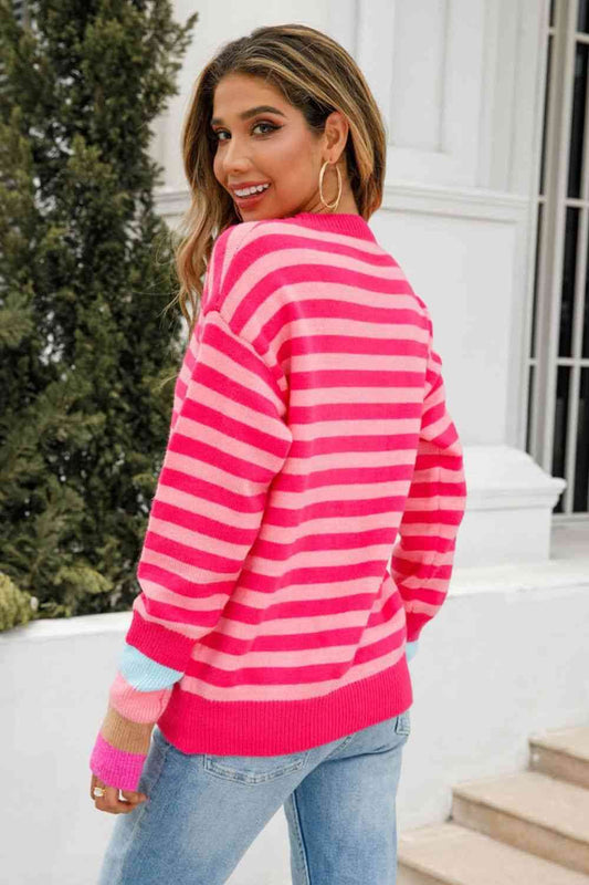 Angel Wings Warm Spice Striped Round Neck Sweater - Hovatok