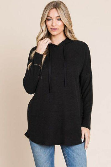 BOMBOM Contrast Drawstring Drop Shoulder Knit Hoodie - Hovatok