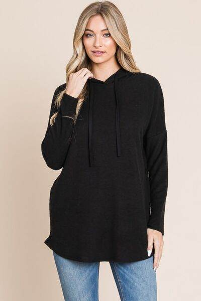 BOMBOM Contrast Drawstring Drop Shoulder Knit Hoodie - Hovatok