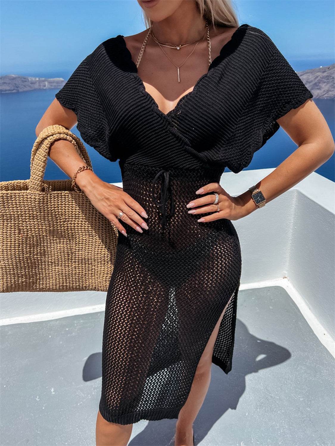 Slit Surplice Cap Sleeve Cover Up - Hovatok