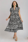 Umgee Full Size Two Tone Border Print Ruffle Cap Sleeve Midi Dress Plus Size - Hovatok
