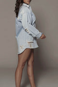 Distressed Long Sleeve Longline Denim Jacket - Hovatok