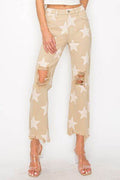 RISEN Full Size High Rise Star Printed Frayed Hem Jeans - Hovatok
