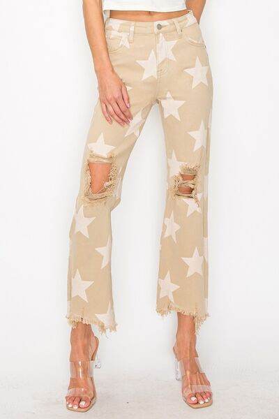 RISEN Full Size High Rise Star Printed Frayed Hem Jeans - Hovatok