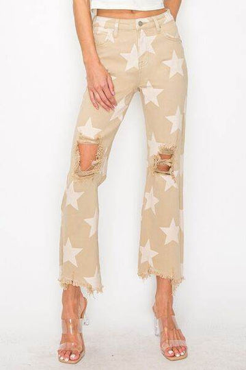 RISEN Full Size High Rise Star Printed Frayed Hem Jeans - Hovatok