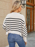 Round Neck Striped Lantern Sleeve Sweater - Hovatok