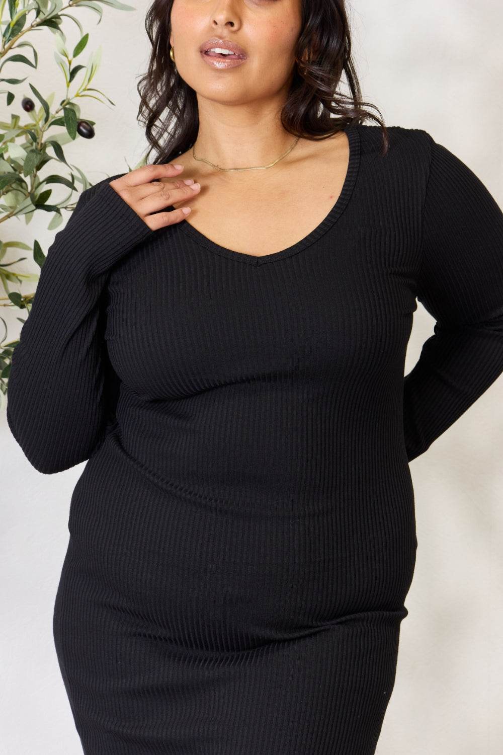 Culture Code Full Size Ribbed Long Sleeve Midi Slit Dress - Hovatok