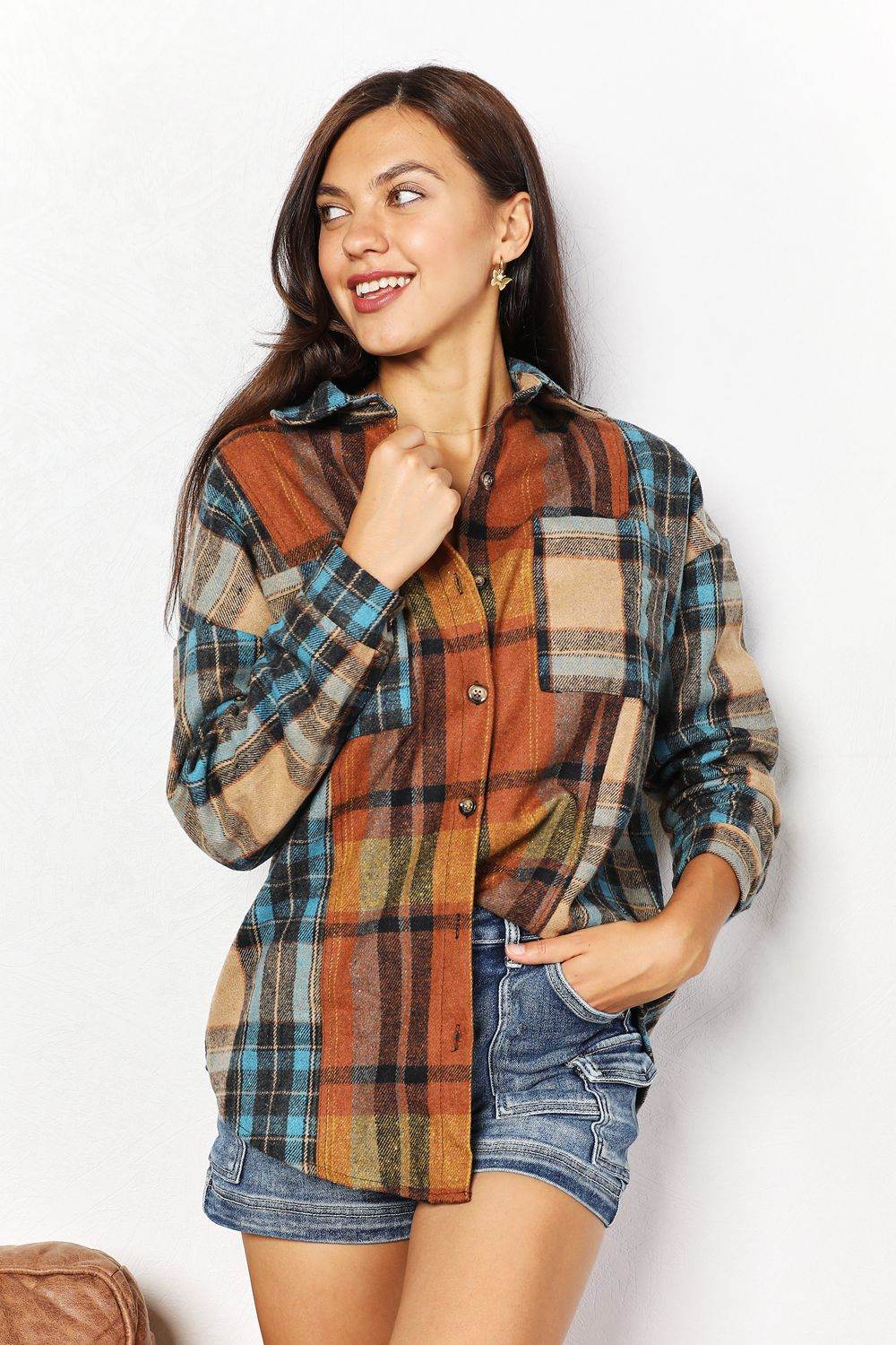 Double Take Plaid Curved Hem Shirt Jacket with Breast Pockets - Hovatok