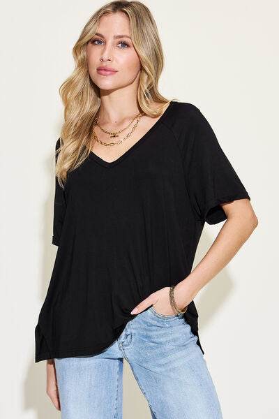 Basic Bae Full Size Bamboo Slit V-Neck Short Sleeve T-Shirt - Hovatok