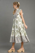 Umgee Full Size Mixed Print Ruffle Cap Sleeve Midi Dress Plus Size - Hovatok
