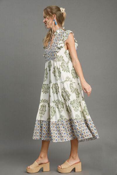 Umgee Full Size Mixed Print Ruffle Cap Sleeve Midi Dress Plus Size - Hovatok