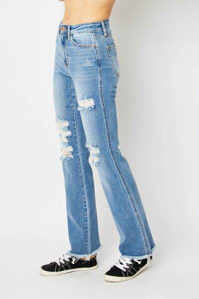 Judy Blue Full Size Distressed Raw Hem Bootcut Jeans - Hovatok